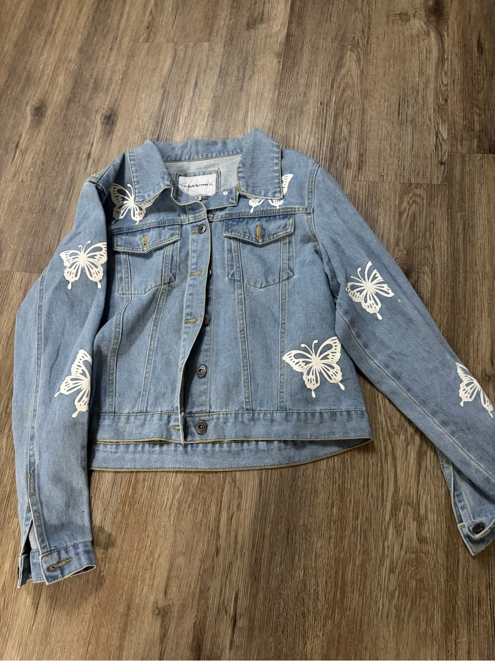 & Other Stories Light Blue Denim Jacket with White Butterfly Accents